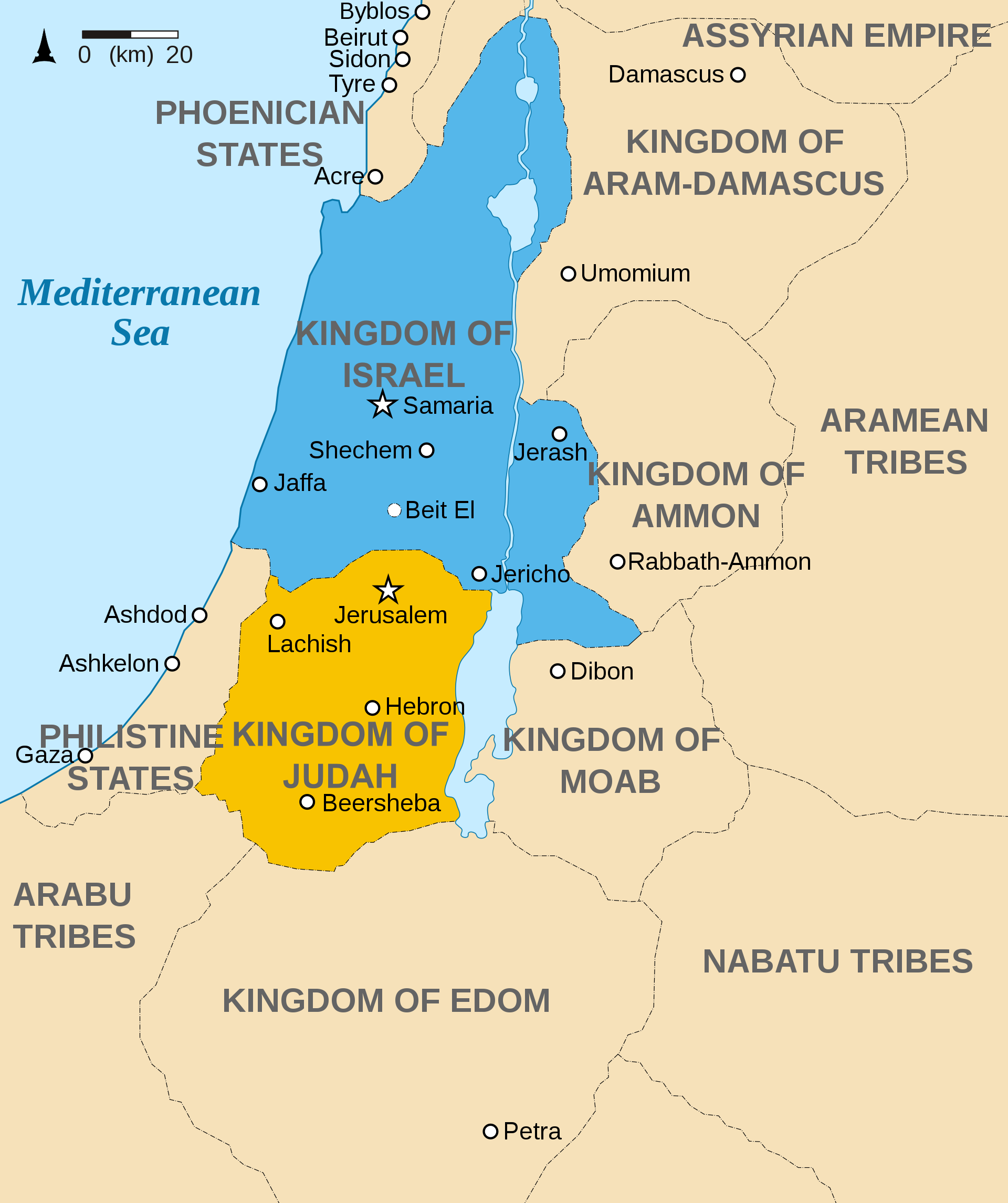 Map of ancient Near East indicating kingdoms of Israel and Judah with borders and sharing. Also indicates neighboring states with drawn borders