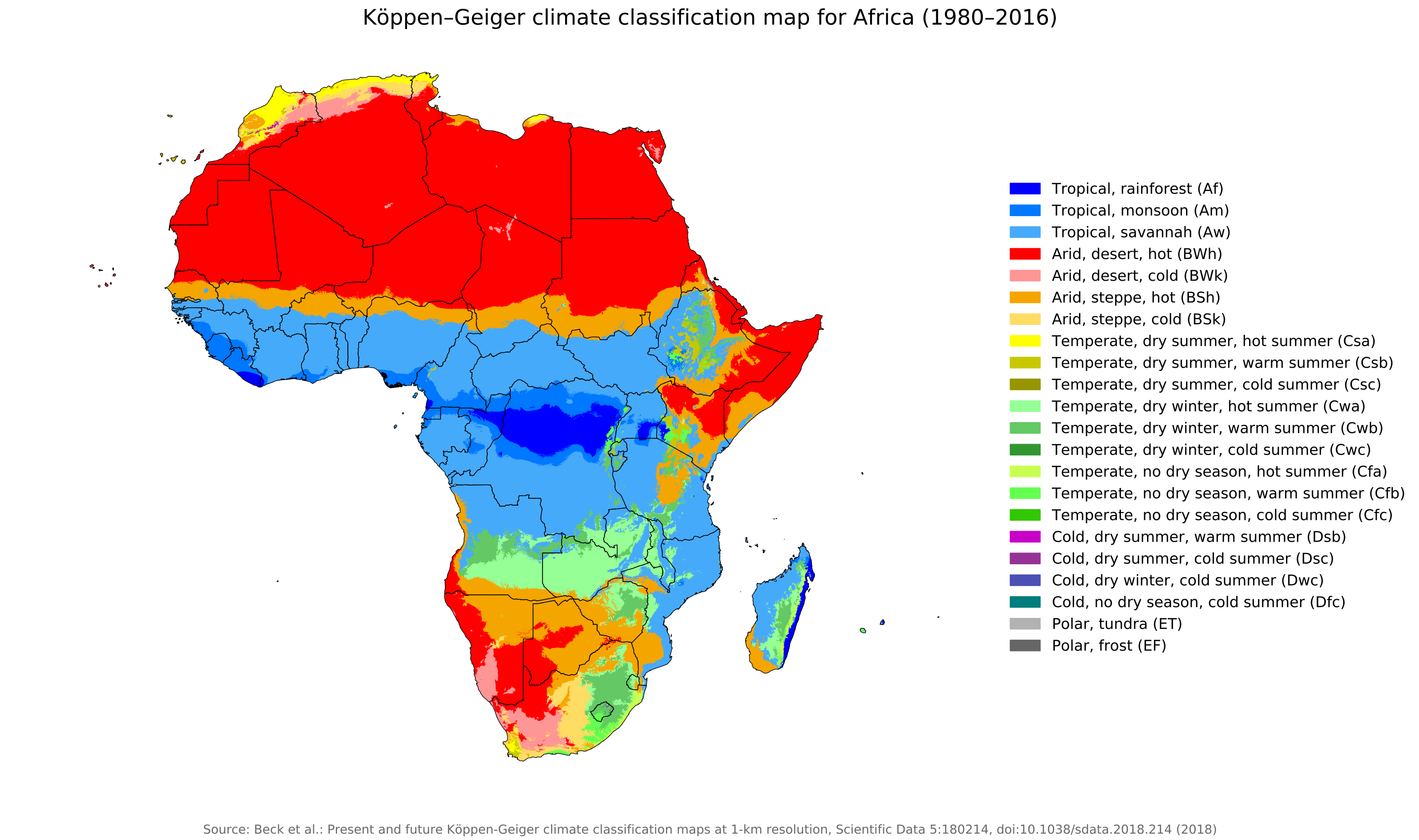 Map showing different climate zones for Africa