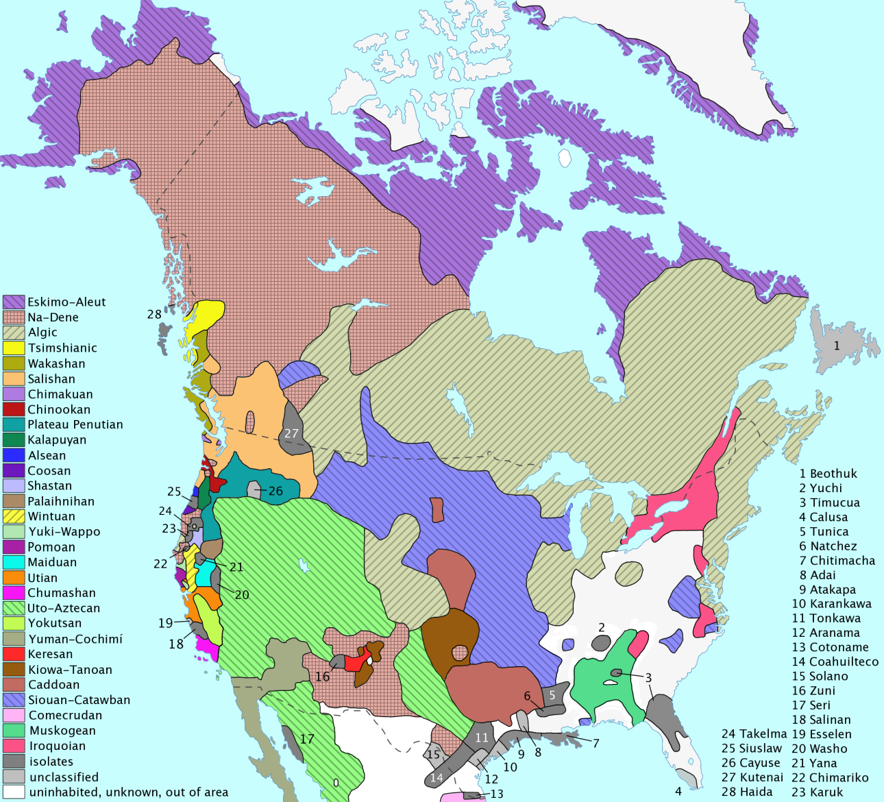 Map of North Africa with regions divided by color shading, representing different language groups. On sides are long lists of different language and tribal names