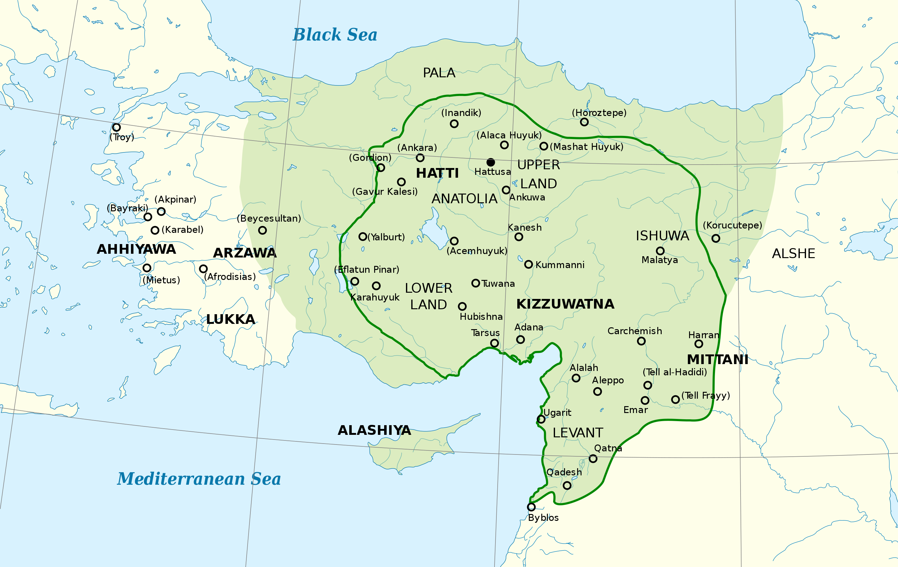 Map of ancient Anatolia with green shading indicating area of Hittite control