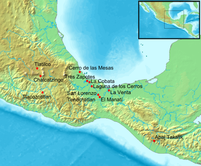 Map of Central America with major cities of the Olmec period indicated