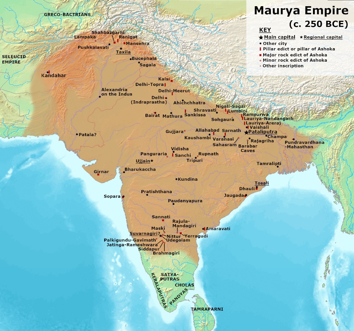 Map of India showing extend of Mauryan Empire with color shading