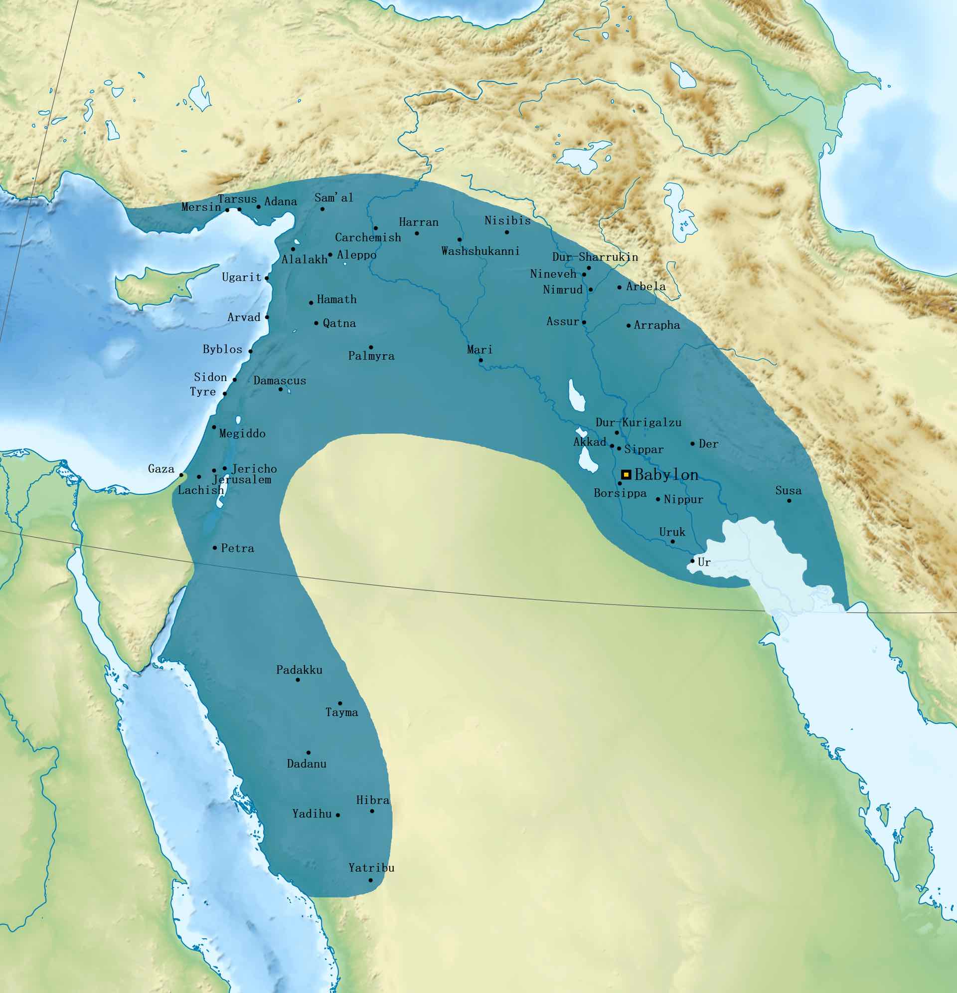 Map of ancient Near East with borders and shading indicating Neo-Babylonian empire