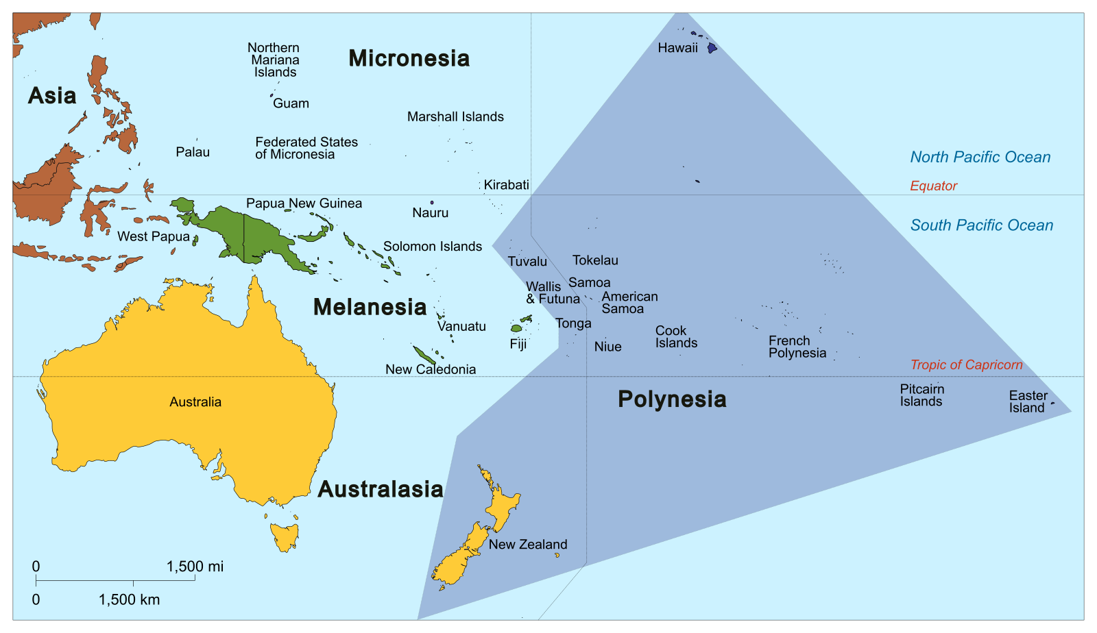 Map of the Pacific showing the regions designated as Micronesia, Melanesia, Australasia and Polynesia through color shading