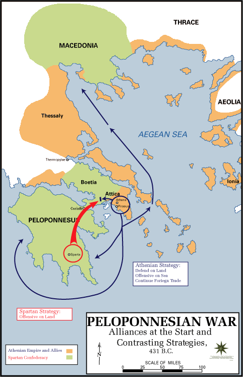 Map of Greece showing two sides of Peloponnesian conflict through color shading. Also has arrows showing some of the movements of Athenian and Spartan forces