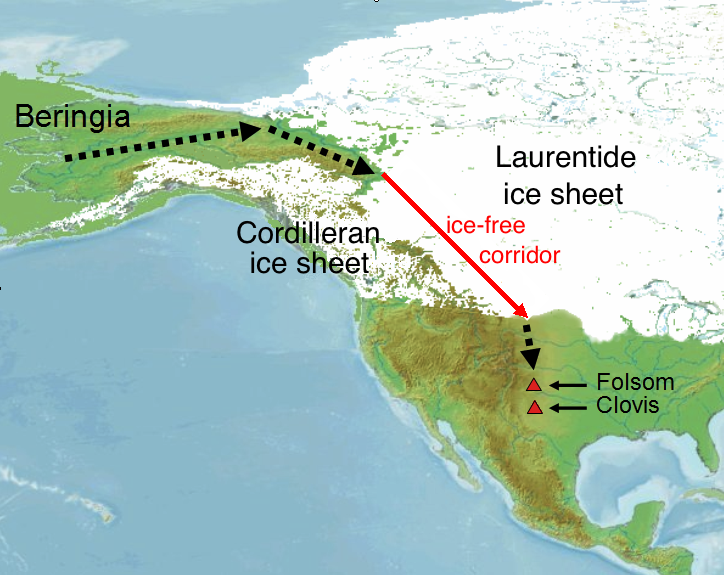 Map showing proposed migration route from Asia to Americas across Bering land bridge, as well as early Paleo-Indian sites.