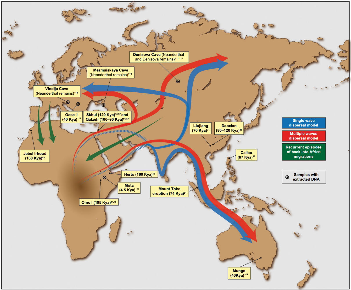 Map showing different ancient migration routes and important archeological sites.