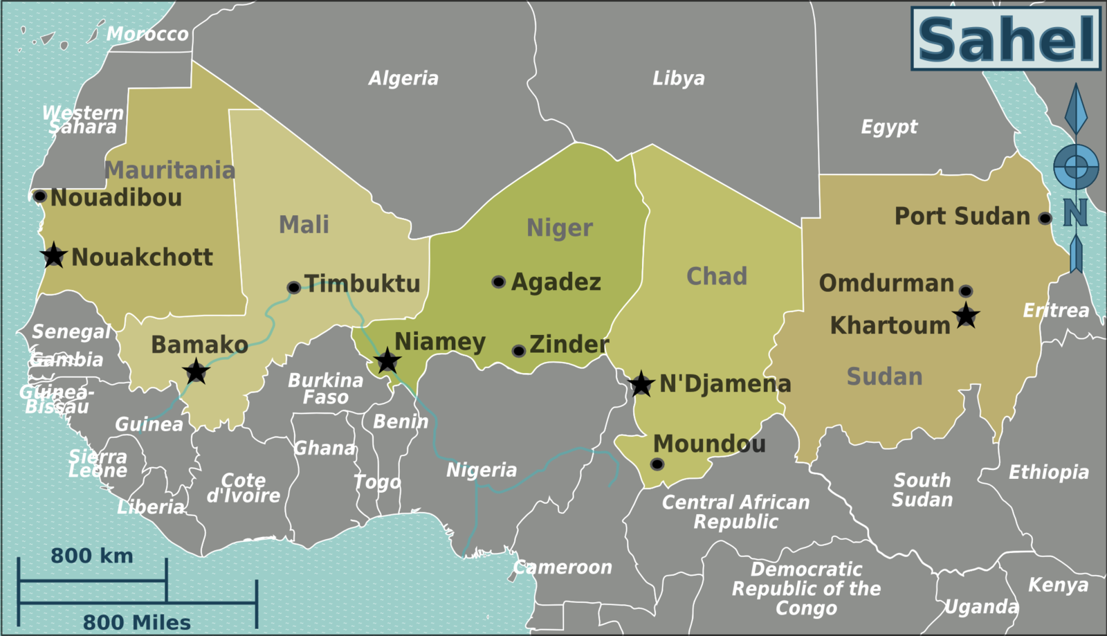 Map of West and Central Africa, showing the modern states that are part of the Sahel region (Mauritania, Mali, Niger, Chad and Sudan)