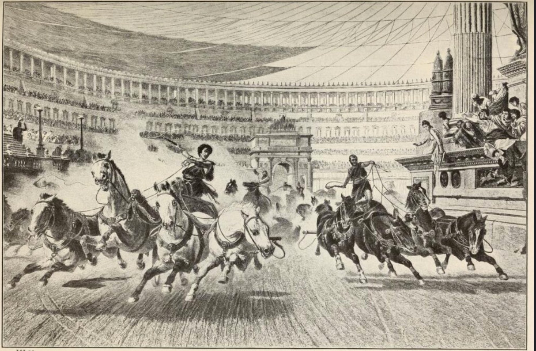 Drawn image of two charioteers in Roman Circus Maximus, with cheering crowds