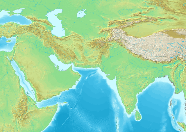 South Asia physical map with the Hindu Kush at the northwest corner of India.