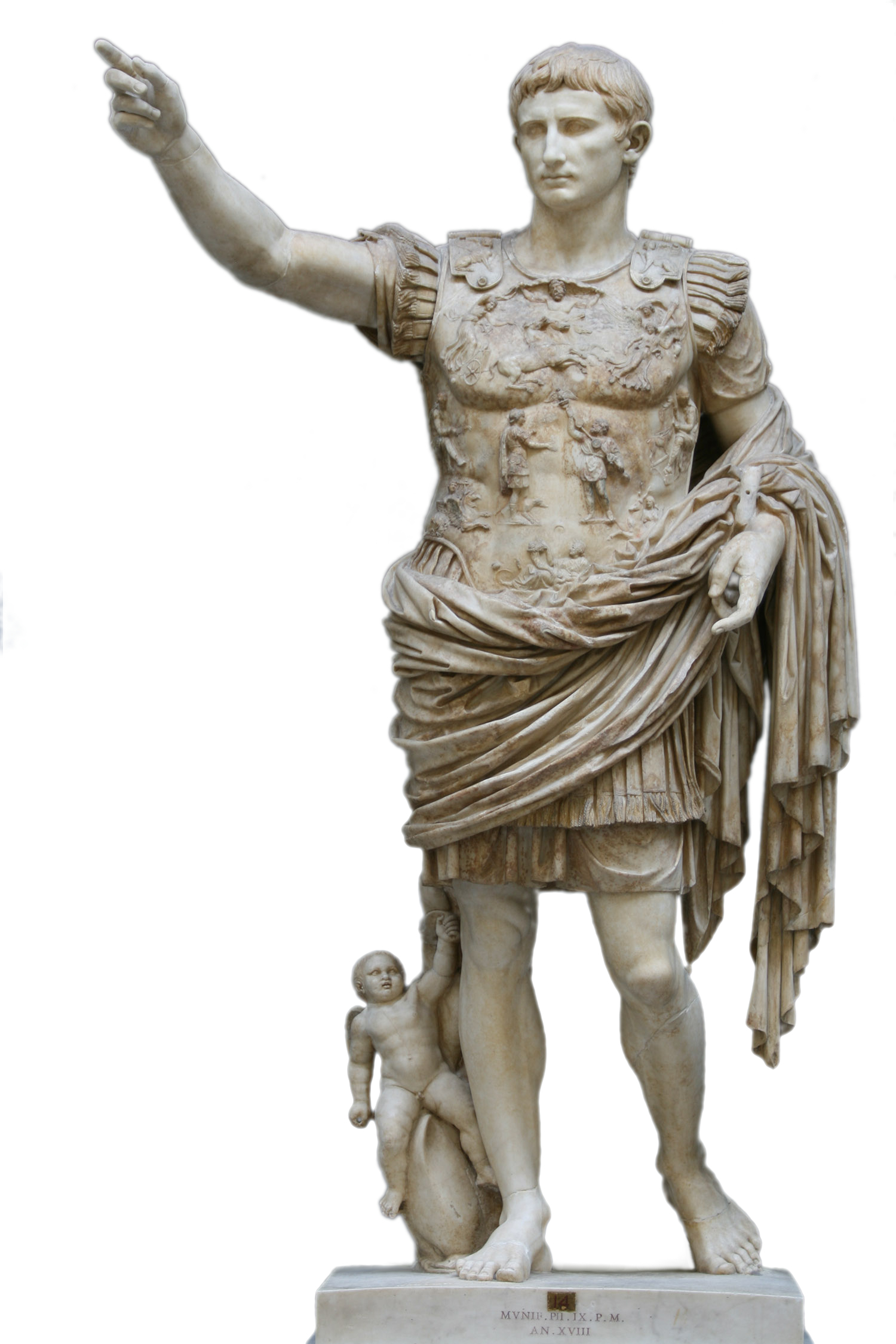 Marble statue of Augustus with arm raised, clothed in battle dress