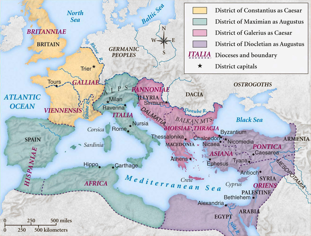 Map of Roman Empire showing divisions into districts and dioceses