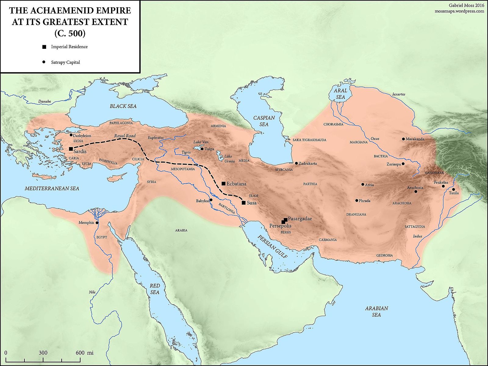 Map of South Europe, Northeast Africa and West Asia, showing the vast extent of Persian (called Achaemenid) Empire with pink shading. Extends from Greece and Egypt to India.