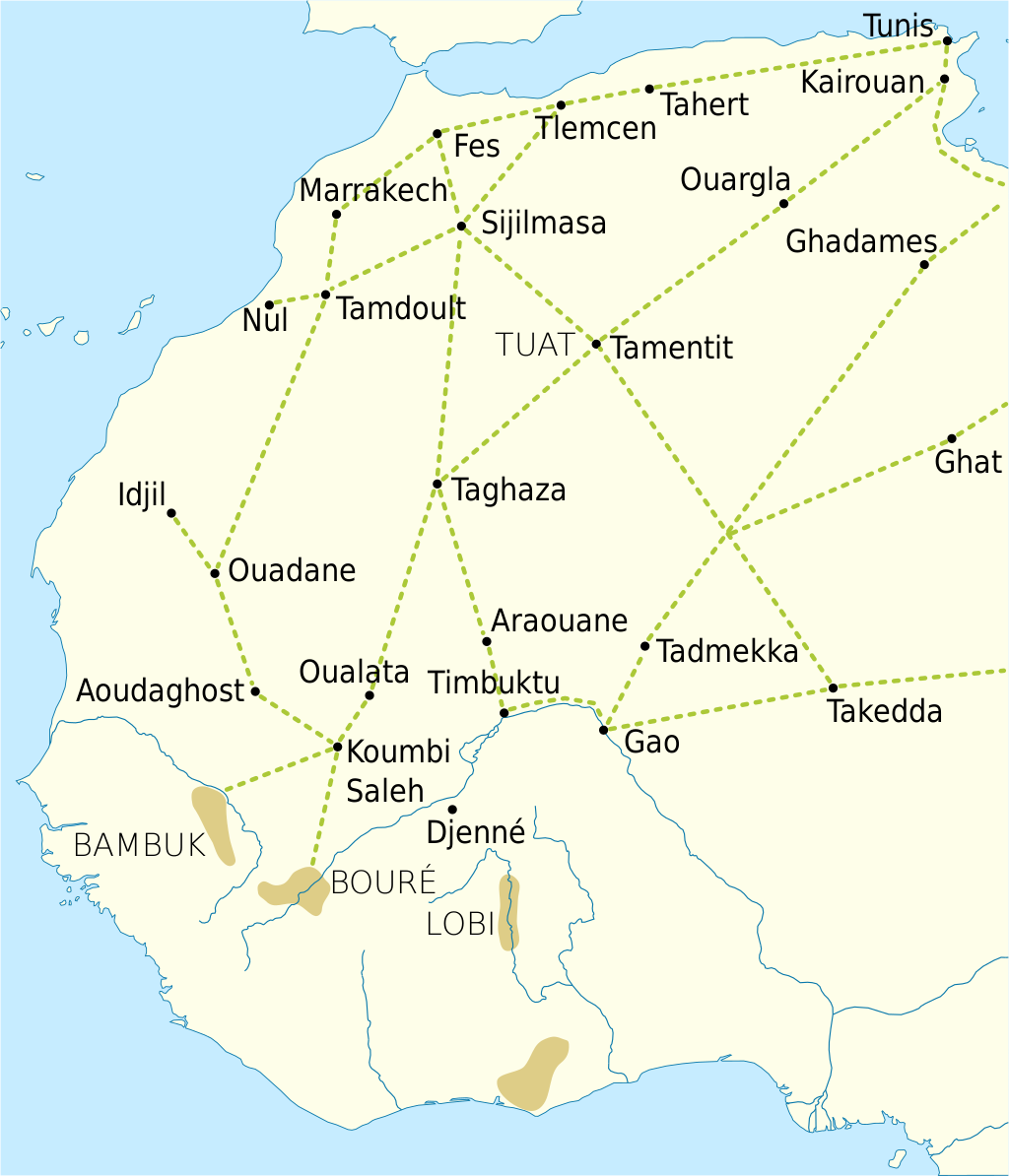 Map showing several cities in North and West Africa and caravan route links between them.