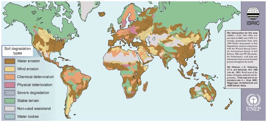 Map of the world with shading showing different kinds of threats to soil such as water and wind erosion and chemical deterioration.