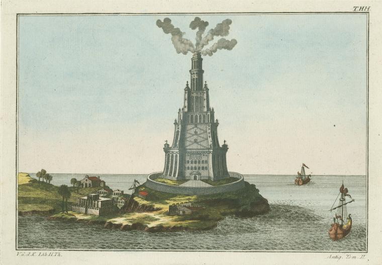 Painting of a massive tower structure in a harbor, with a few boats nearby. There is smoke coming out of the top of the tower