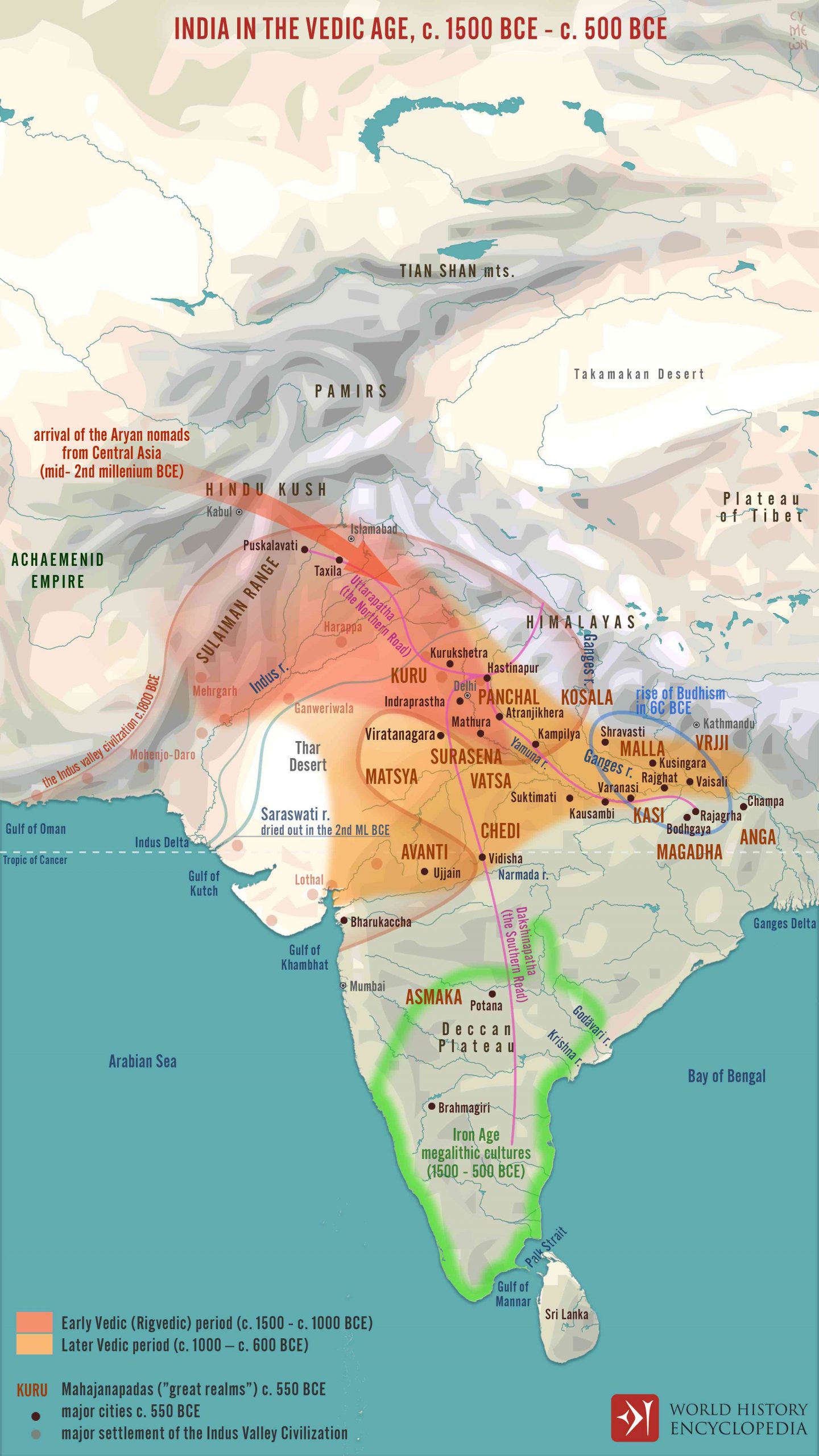 Map of India using color shading to show areas of control by Aryan leaders, and route of Aryan migrations