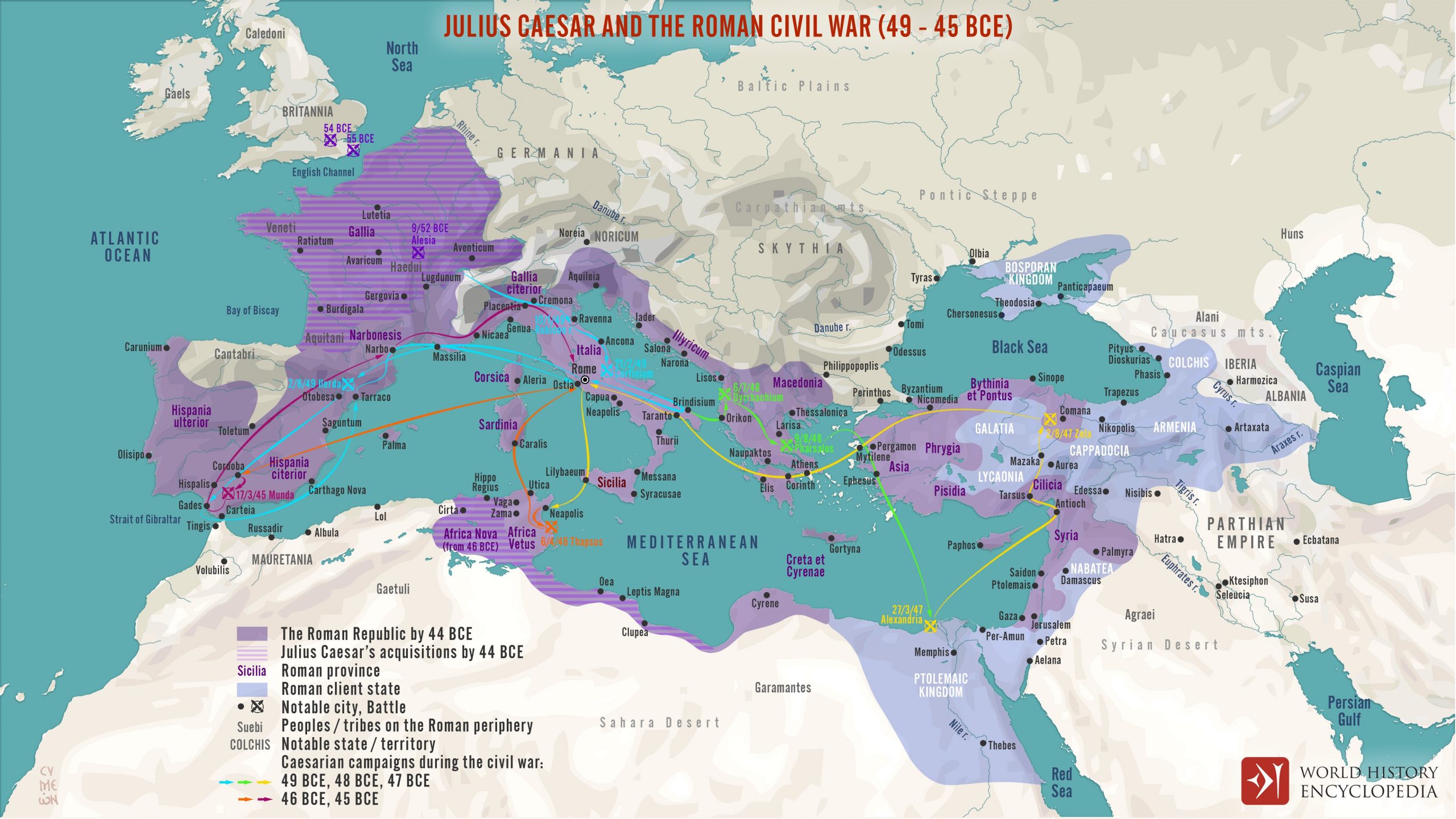 Map of Europe, North Africa, and parts of Asia - showing areas controlled by Rome during different dates and tracing movements of troops during period of civil war 49 - 45 BCE.