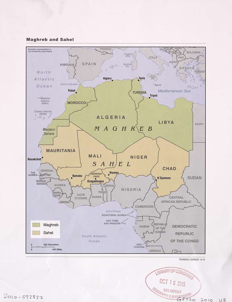 Map of Northern and Central Africa showing which modern states are part of Maghreb (Libya, Tunisia, Algeria, Morocco and Western Sahara) and which states are part of Sahel (Mauritania, Mali, Niger, Chad)