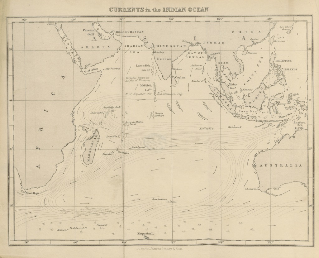 Image of an old chart showing currents in the Indian Ocean