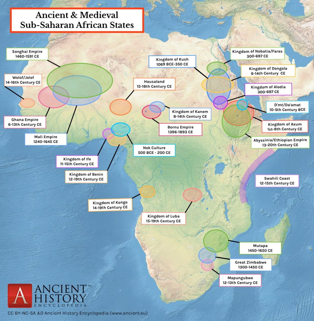 Map showing several ancient and medieval Africa states with dates when these states were founded and ended.