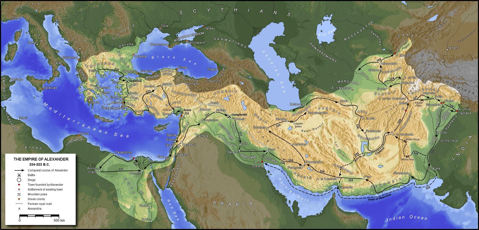 Map of Asia and Near East showing the extent of the empire of Alexander the Great, including nows and battles, and the route of his troops