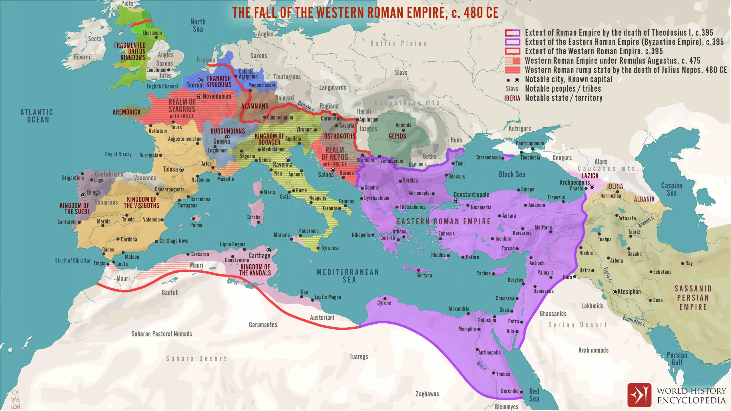 Map of Europe showing borders of Roman Empire during final centuries, a well as areas of 'barbian' leaders control in Europe.