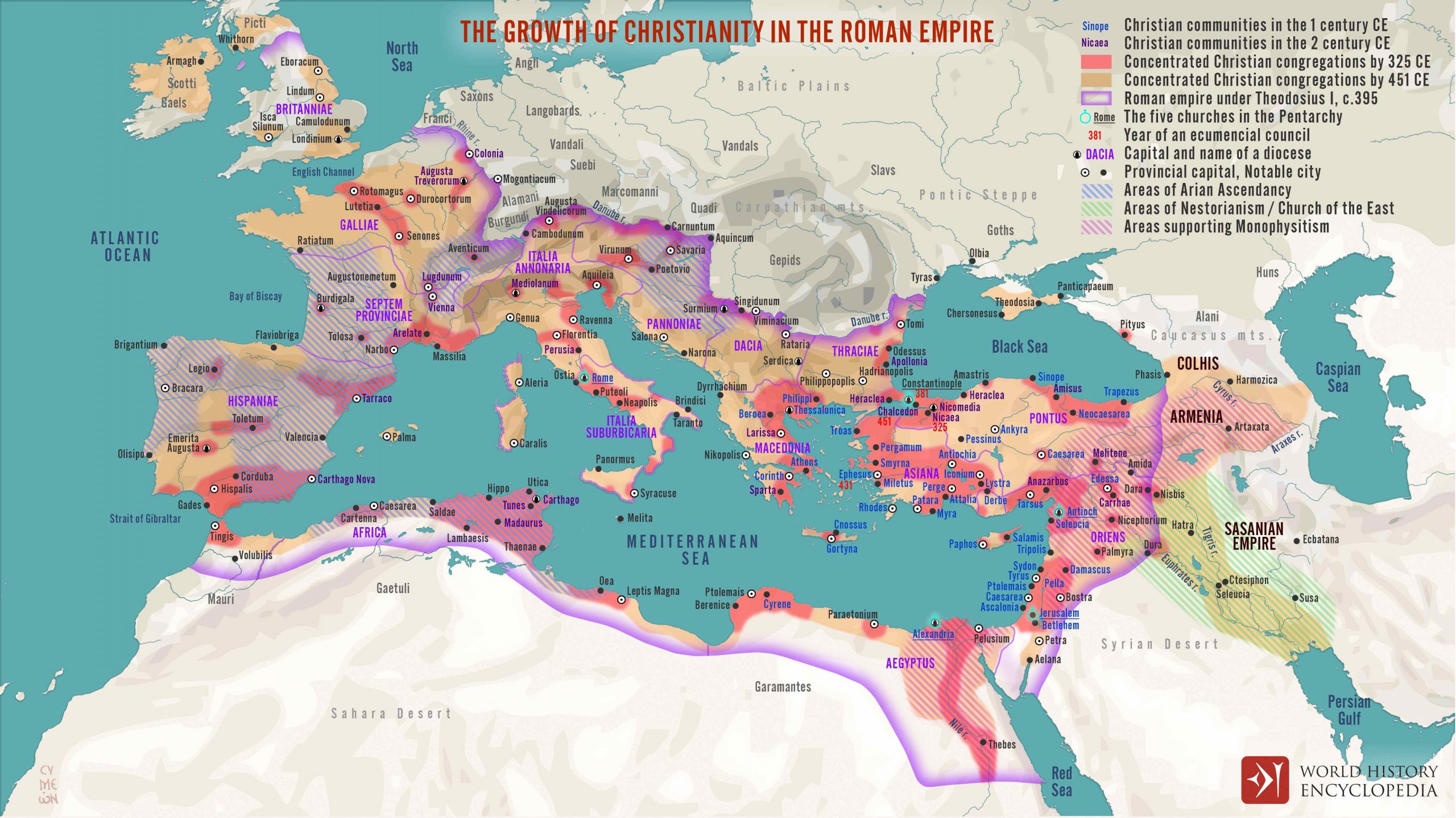 Map of Europe, North Africa and Asia showing through color shading where and when Christianity spread