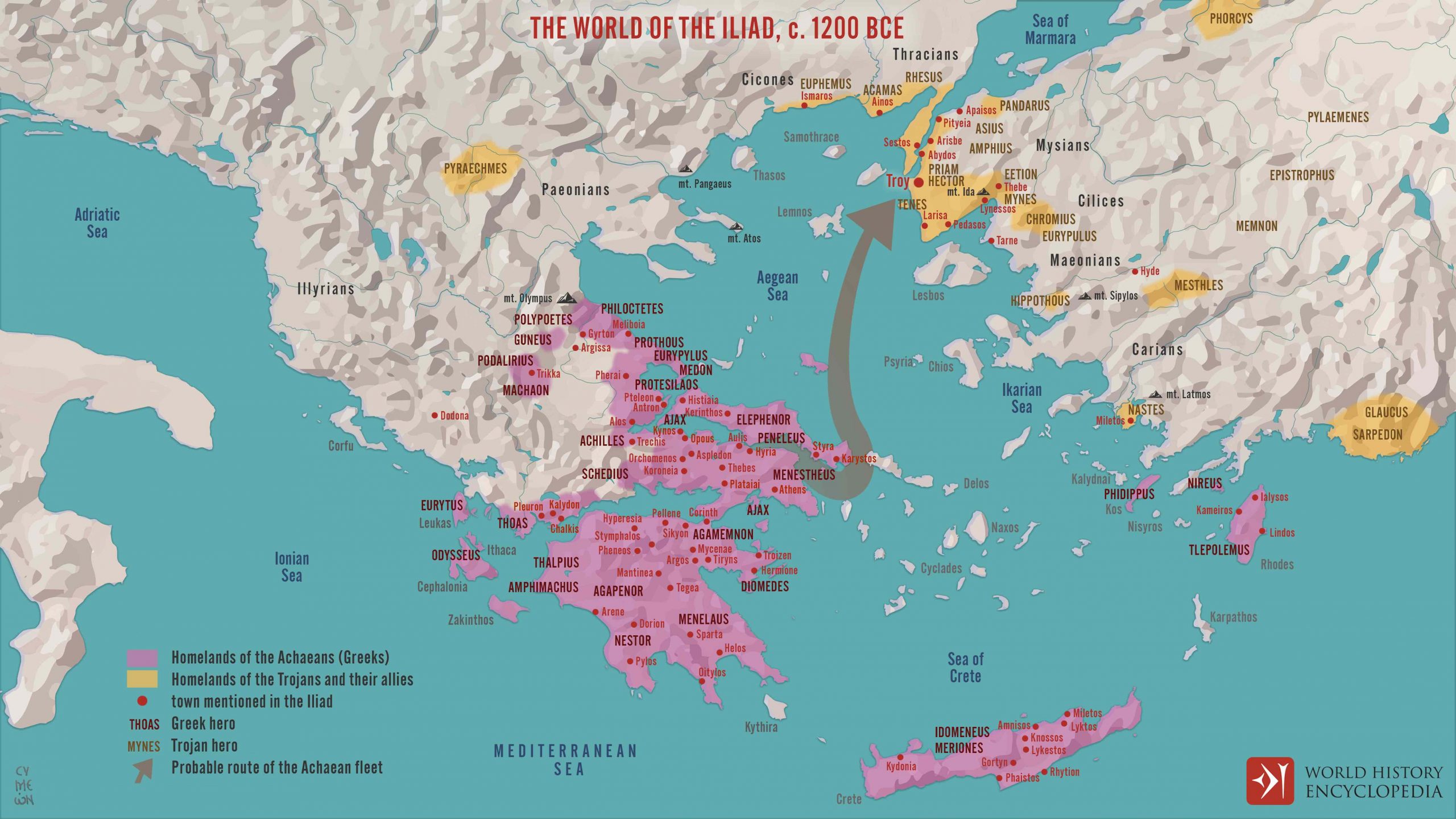 Map of ancient Greece showing important sites and movements related to the stories in the Iliad