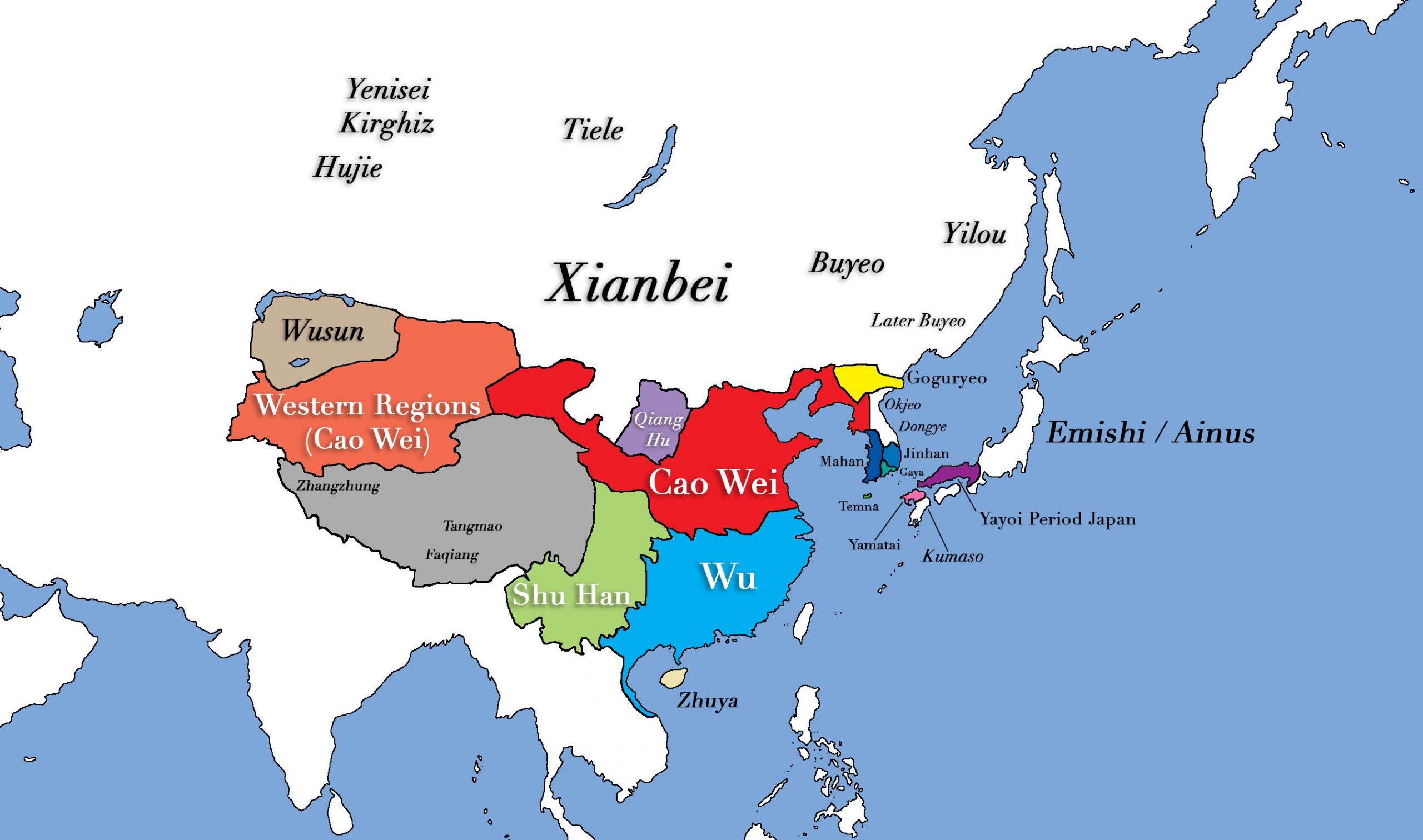 Map of China showing competing kingdoms through color shading, also shows Korean states and Japanese clans