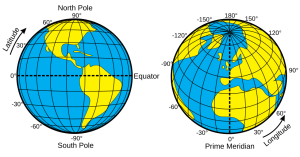 Two globes showing alternate views of Earth with a latitude and longitude grid superimposed.