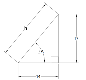 right triangle with southwest acute angle marked A, then counterclockwise, horizontal leg marked 14, right angle, vertical leg marked 17, unmarked angle, hypotenuse marked h