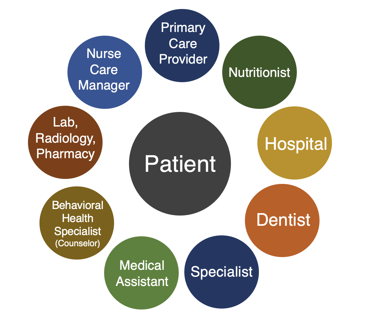 An image with a large circle labeled patient in the center, surrounded by 9 smaller circles with roles or settings that contribute to care, such as dentist, hospital, primary care provider, medical assistant, nutritionist, nurse care manager