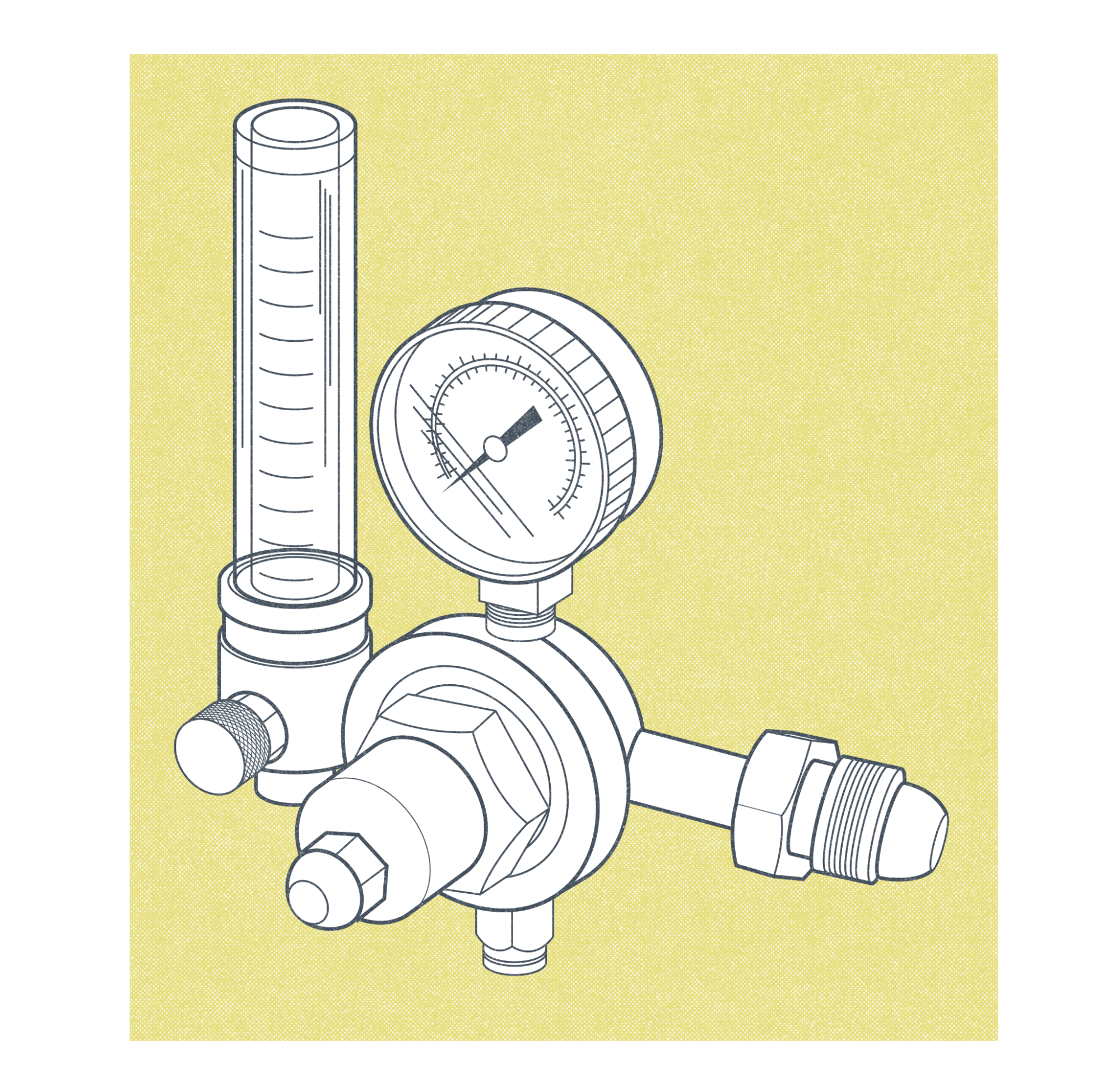 A combination flow meter/regulator illustration A tube with hash marks to the left of the regulator that adjusts the gas being released. This has a pressure dial on top of it indicating the volume of gas in the cylinder.