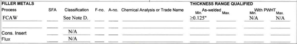 Filler Metals of a NASA Welding Procedure Specification. A full explanation of the sections of the form is described in the text following the image.