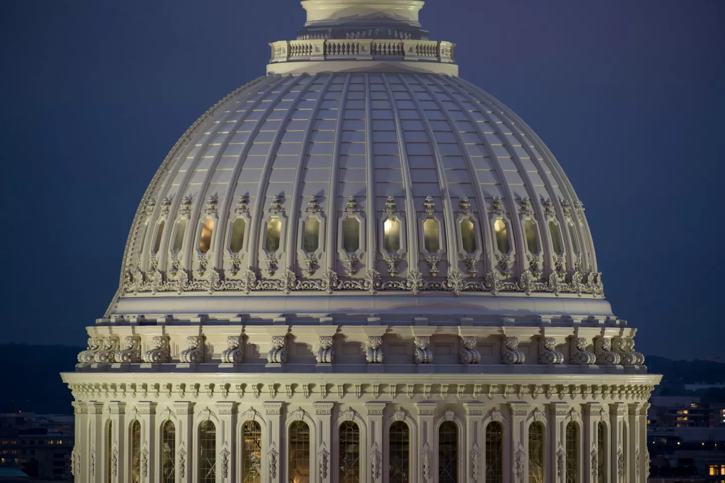 The United States Capitol Dome at night.