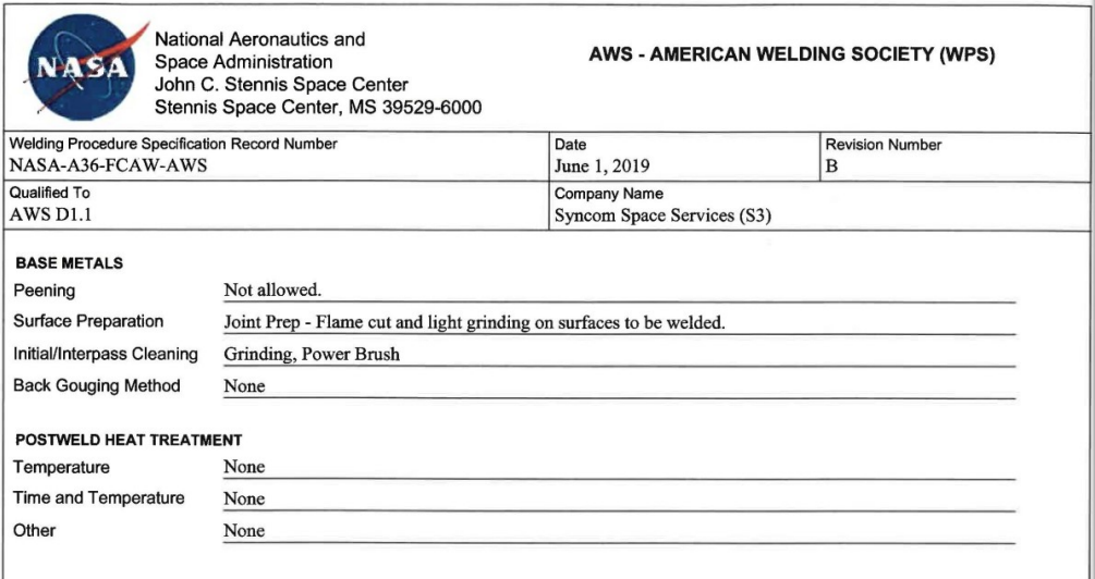 Page 2 Top Portion of a NASA Welding Procedure Specification, which is discussed at length in the text that follows.