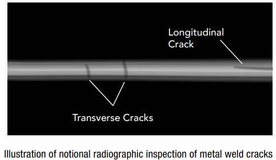 Cracks shown on an x-ray image. The weld appears as a light grey strip across a dark black background. The weld cracks are darker grey lines. This x-ray includes two transverse cracks and one longitudinal crack.