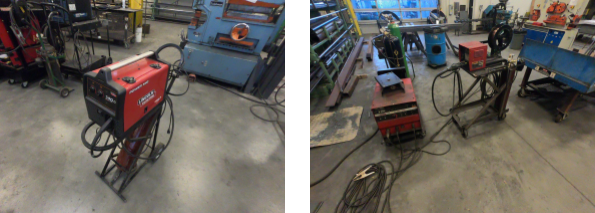 An image of two FCAW welding setups. A small light-duty unit is pictured on the right, with a larger industrial-use system pictured to the left