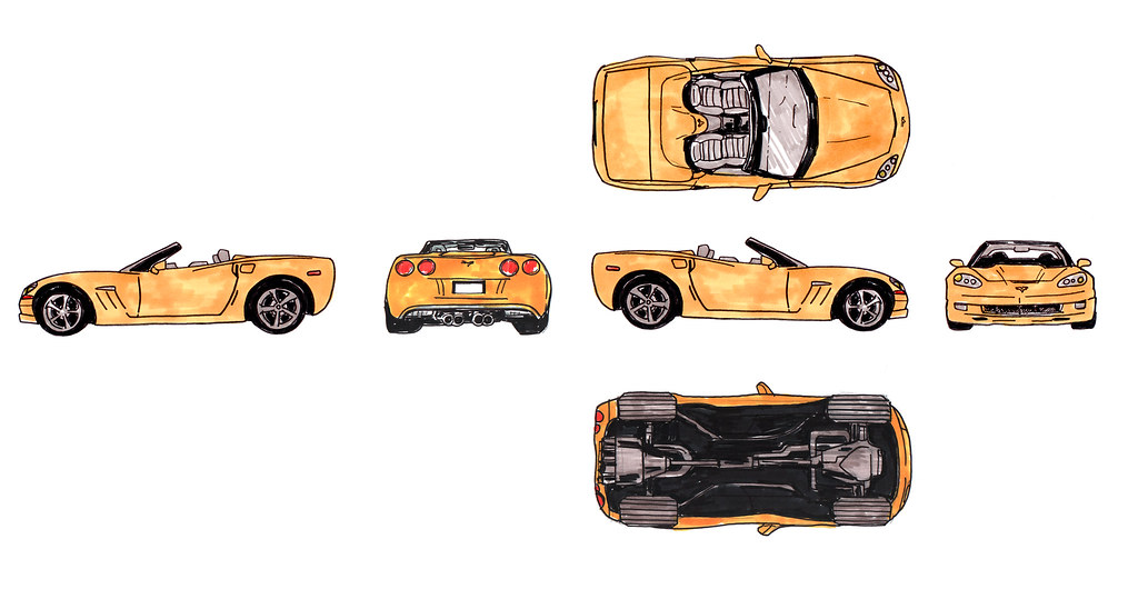 Orthographic views of a car. An illustrated yellow, convertable car is shown from the top, driver’s side, rear, passenger side, front, and bottom.