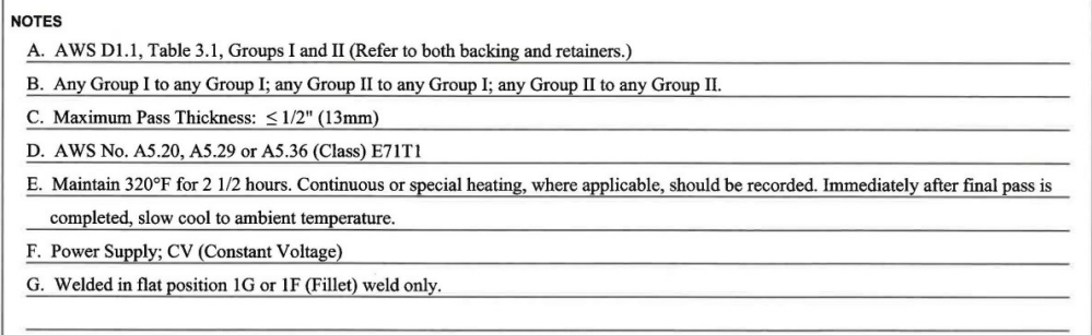 Page 2 Notes of a NASA Welding Procedure Specification. The notes are discussed at length following the image.