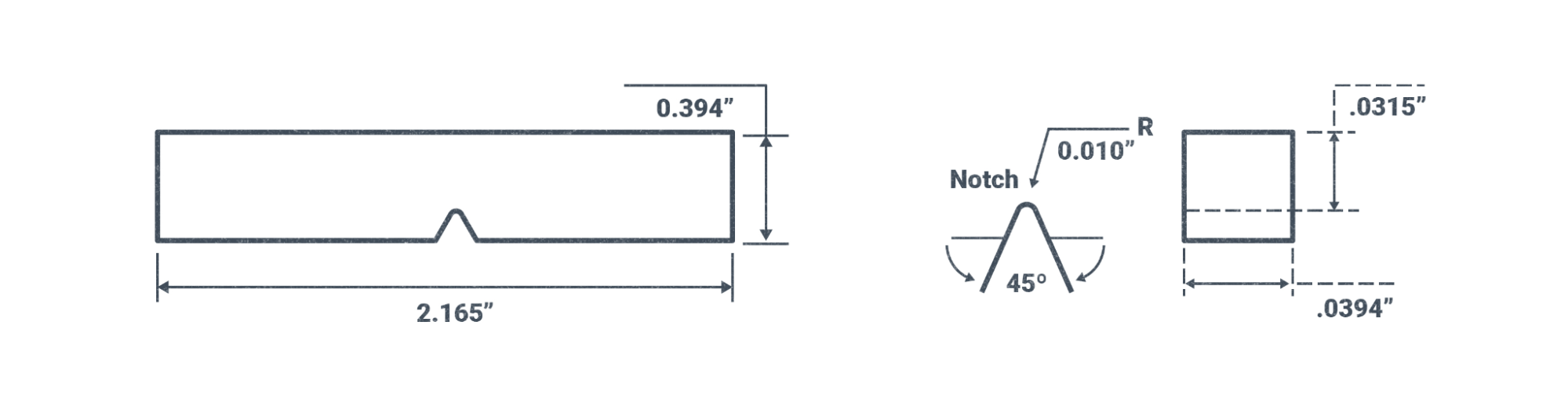 Charpy Test Specimen Dimensions. The weld is .394” high and 2.165” long. The notch is 45 degree angle and .010” high. A further diagram shows the weldment side view, from the side angle showing that the notch leaves .0315” that hasn’t been penetrated by the cut or the weld.