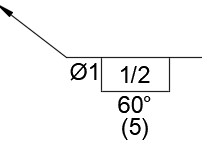 A plug welding symbol with common dimensions for plug welds. In this symbol the bottom of the reference line includes a rectangle with the diameter symbol and 1 to the left of the rectangle. ½ is written inside of the rectangle, 60 degrees appears under the rectangle and the number 5 in parenthesis appears below that.