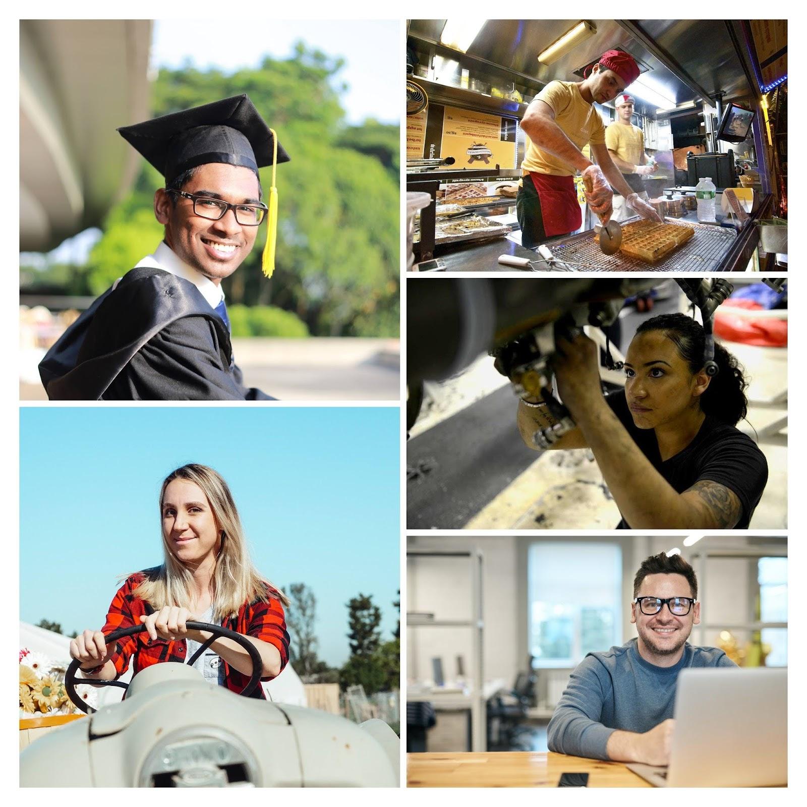 A collage of five photos of people in various settings, one with a graduation cap and gown, one in a kitchen, one working as a mechanic, one seated at a computer, and one driving a tractor.