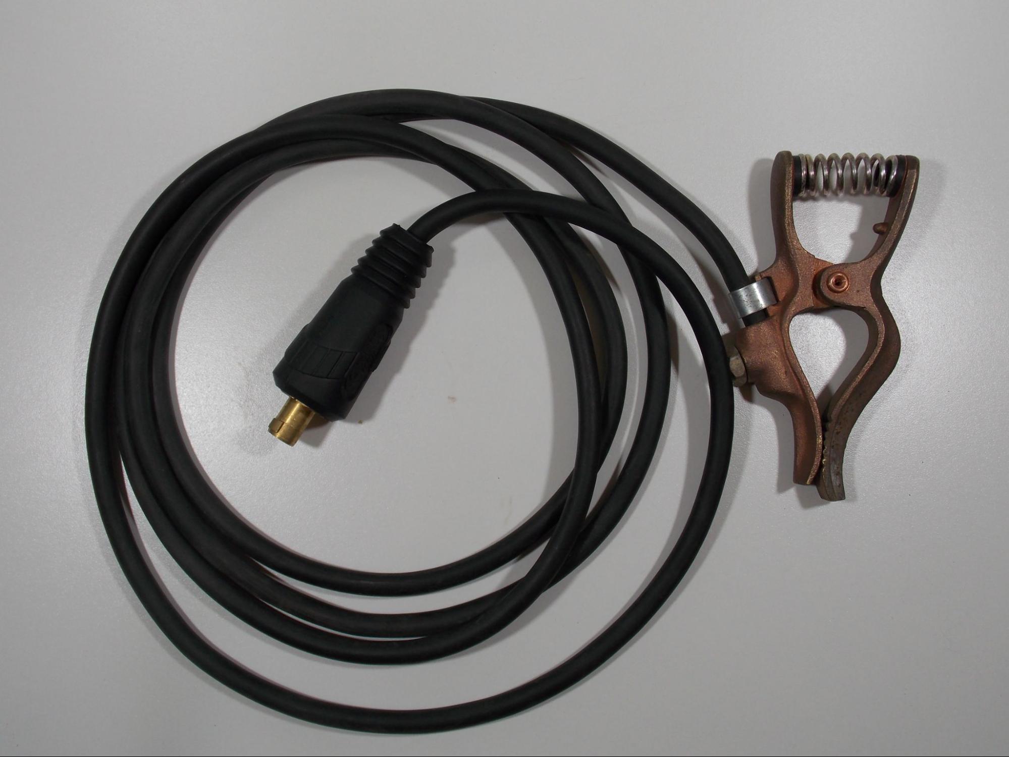 An example of a welding lead, work clamp, and twist lock connector.