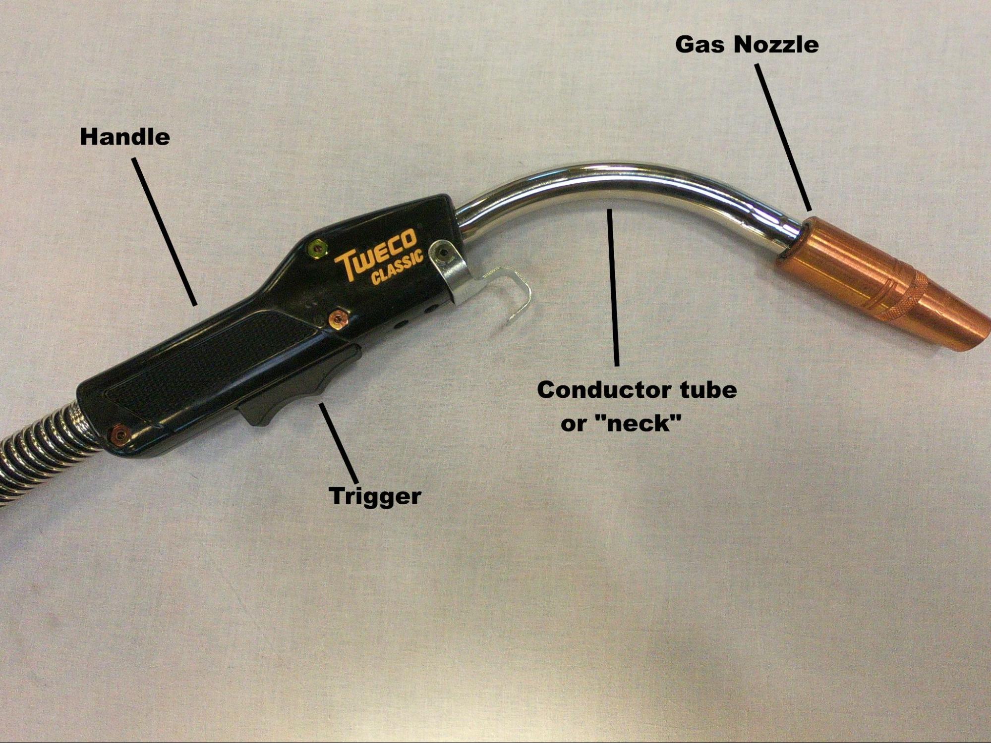 Photograph of a fully assembled welding gun with major components labeled. Components include handle, trigger, conductor tube or “neck,” and gas nozzle, Each component is better described within the text.