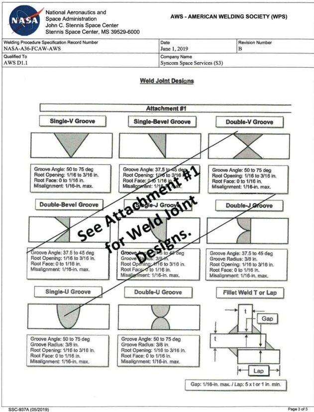 Page 3 Obsolete Joint Designs of a NASA Welding Procedure Specification, Figure 18.8, showing different information that was part of an earlier version of the WPS. This is information that you might find on another WPS if it is relevant.