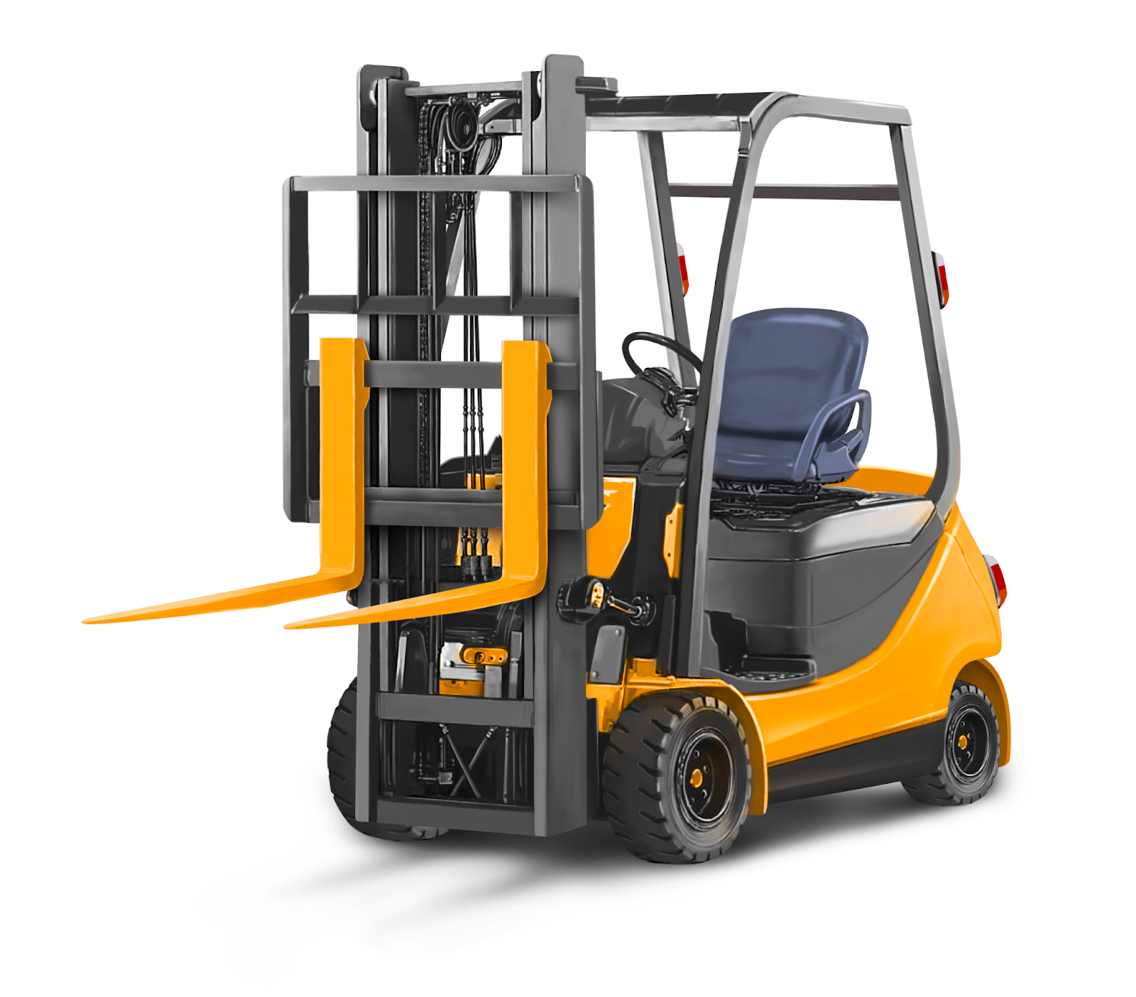 A yellow forklift with its forks raised.