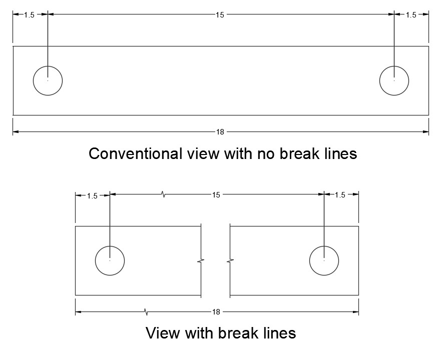 Two views of the same object, a plate with two holes in it. In the upper view the object is shown and dimensioned in a conventional fashion. Below the same object is shown with the same dimensions but a break is used in the middle of the object.