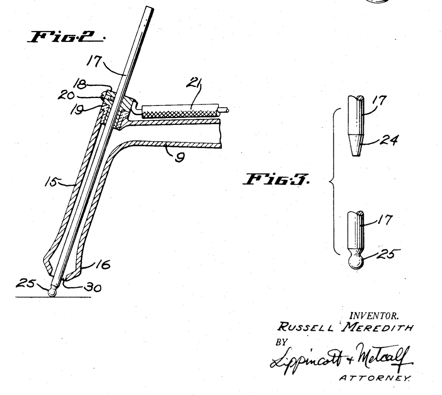 This is the original sketch for a patent request by Russel Meredith, it shows a welding torch with two interchangeable nozzles. The torch is labeled Figure 2 while the two nozzles are labeled Figure 3. The inventor is labeled as Russell Meredith and the name Lippincott and Metcalf appears under Meredith’s name with the word attorney underneath.